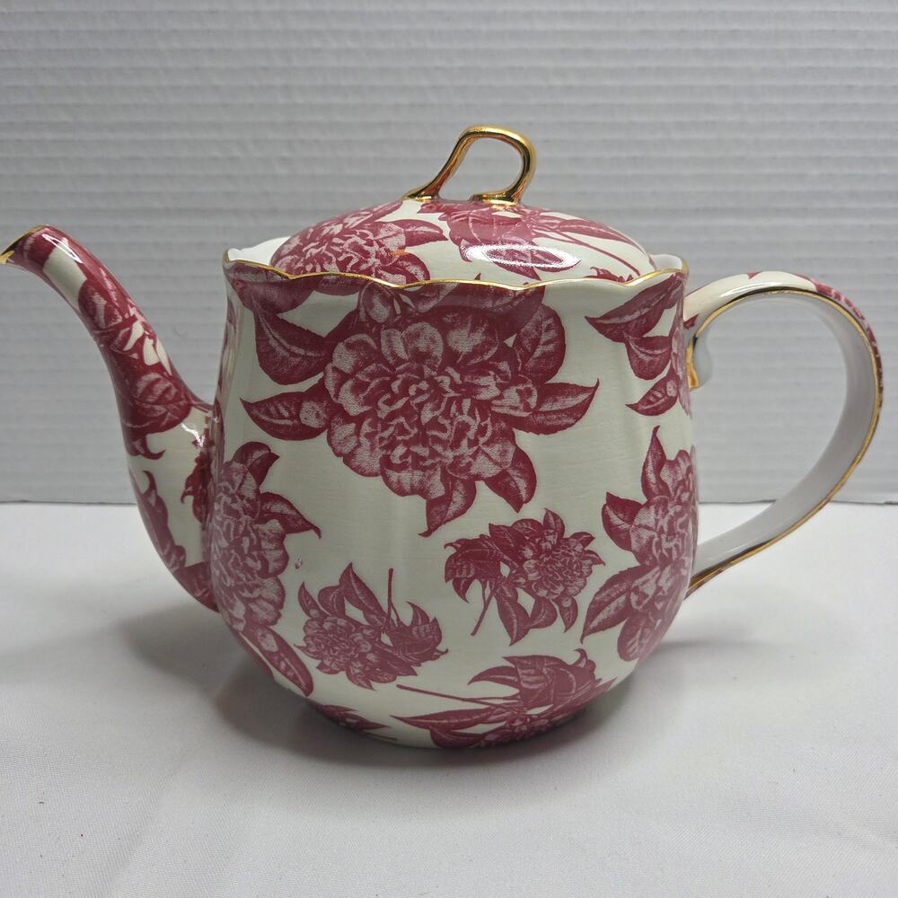 Vintage Formalities By Baum Bros "Red Camelia" Chintz Ceramic Teapot 1990's